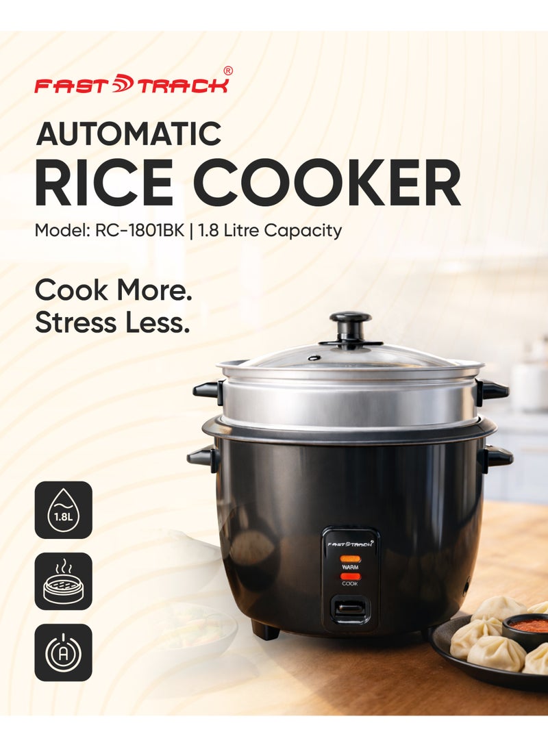 فاست تراك طباخة أرز 3 في 1 بسعة 1.8 لتر مع سلة تبخير، قدر داخلي غير لاصق، وظائف الطهي والتبخير والحفاظ على السخونة، تشغيل بلمسة واحدة، 700 واط – RC-1801BK - Image 1